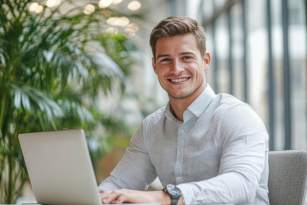 A Man Smiling At The Camera While Sitting Down With A Laptop