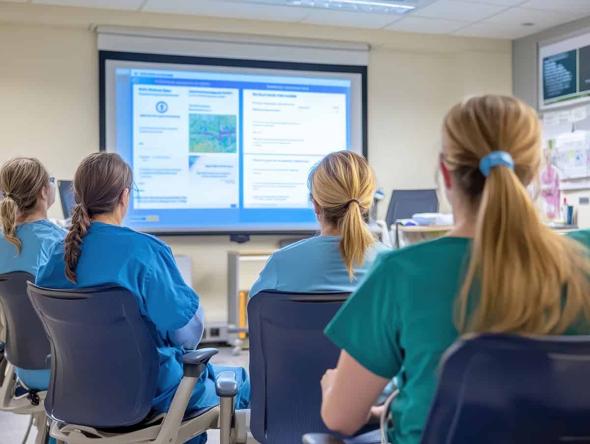 Staff Watching An Educational Slide On A Projector Screen